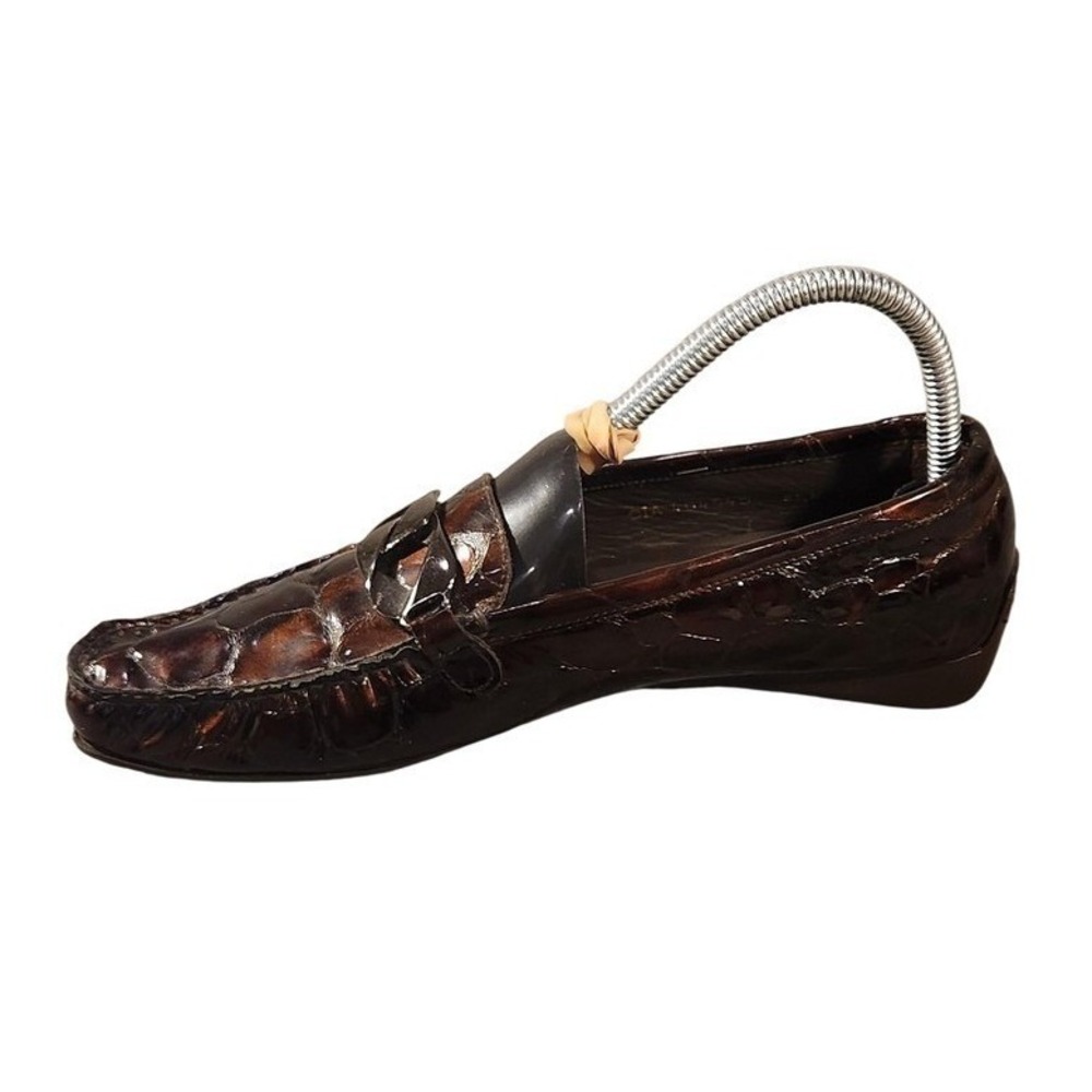 Stuart Weitzman Shoes Womens Size 8.5 Brown Leather Croc Moccasin Flats Spain‎